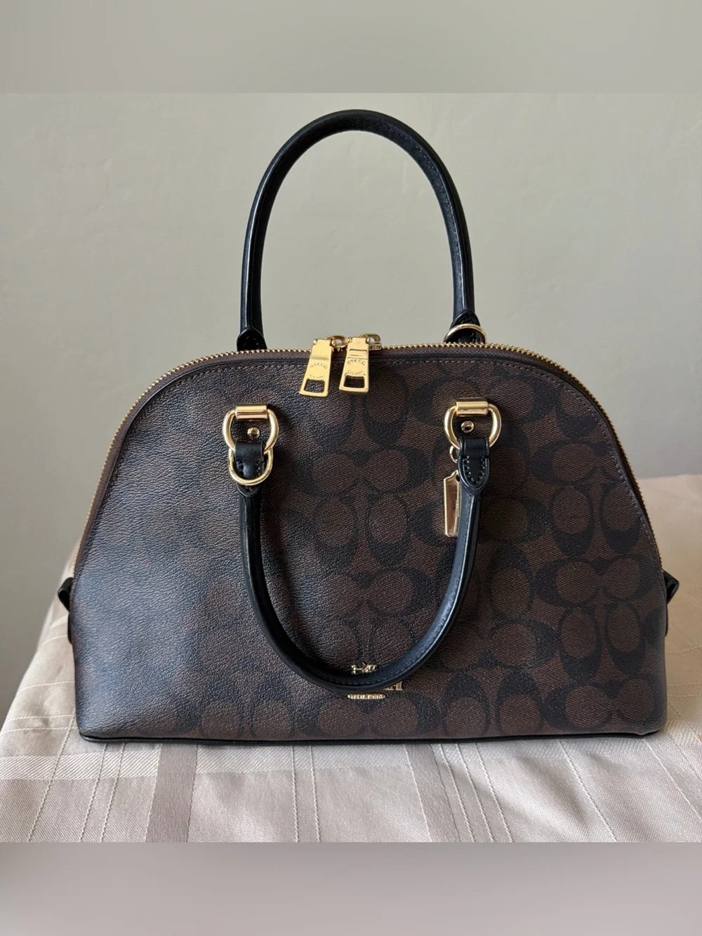 Coach Brown Signature Dome Satchel with Black Handles Gold hardware